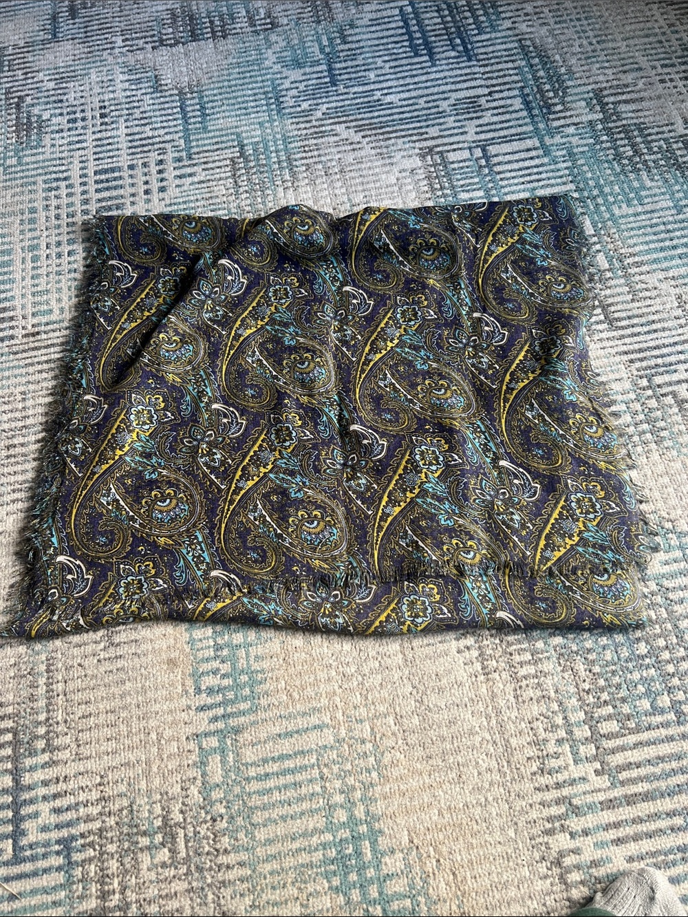 Lands’ End Oversized Paisley Scarf Wrap Navy Gold Aqua Boho 82x25